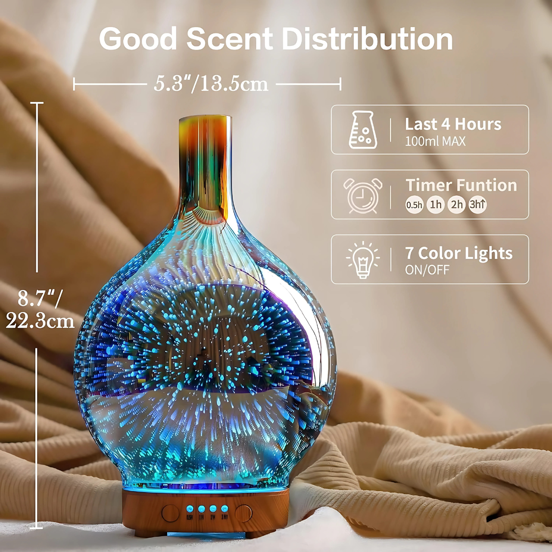Humidificador de Vidrio con Luz de 7 Colores